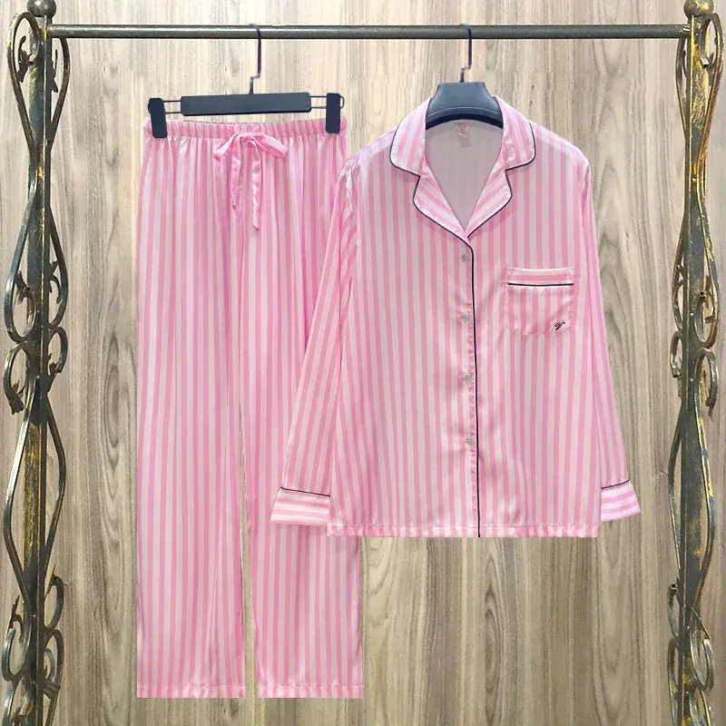 Ijzen Satijnen Pyjama Dames Groen Gestreepte Eenvoudige Temperament Stermodellen Lange Mouwen Loungewear Set Voor Dames Sexy Nachtkleding