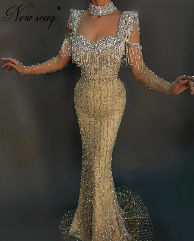 Haute Coutures Beading Mermaid Evening Dresses Long Sleeves Luxury Party Dress Tassel Crystals Cocktail Engagement Prom Dress
