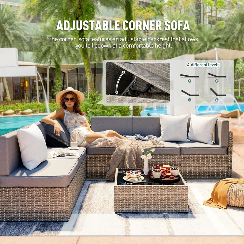 Sofá secional do pátio de vime ao ar livre, mobília mediterrânea ajustada, sofá do Rattan, conversação modular ajustada, 7 PCes
