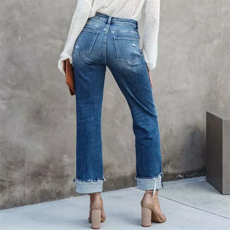 2024 New High Waist Button Splicing Straight Jeans Women Fashion Urban Casual Commuter Denim Pants Ladies Broken Holes Trousers
