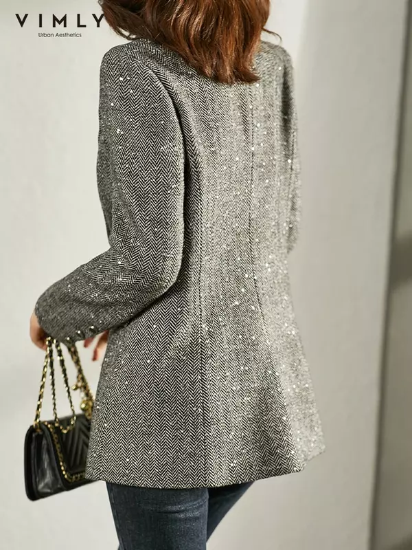 VIMLY Blazer kombinasi wol payet wanita, jaket musim semi 2024, pakaian luar hangat, mantel wol bisnis kasual elegan Vintage