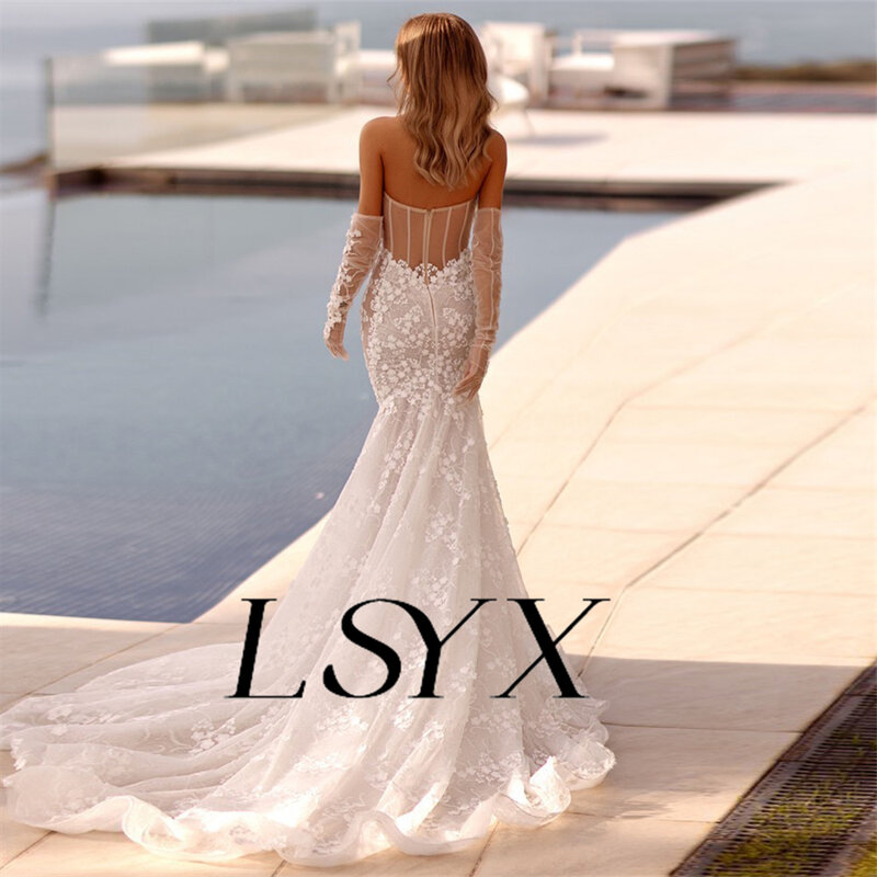 Aplikacje LSYX bez ramiączek iluzja kwiaty tiulowa suknia ślubna syrenka elegancka bez pleców długość podłogi suknia ślubna na zamówienie