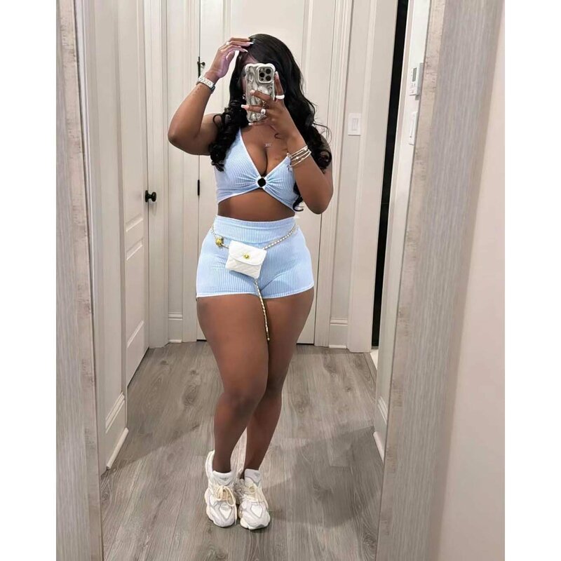 Crop Tops Summer Ribbed 2 Piece Pant Set Outfits Women Y2K Streetwear Sexy Club Elegant Crop Shirts Two Piece Set Shorts Pant