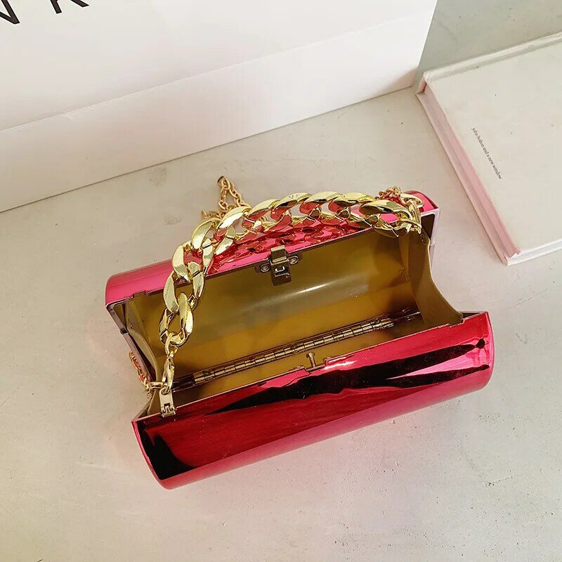Tas tangan wanita silinder akrilik, tas Mini cermin rantai merah warna permen Chic Glossy tas tangan kotak selempang malam