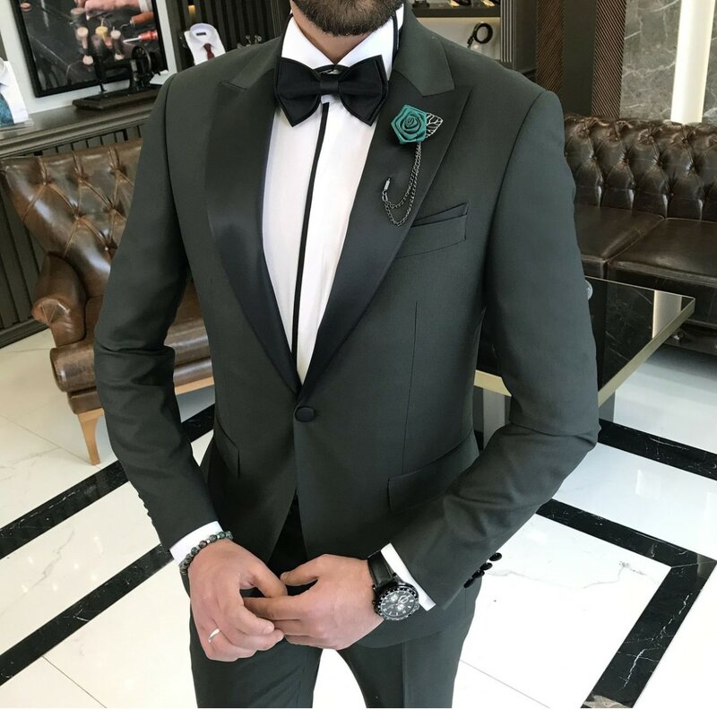 Классическая Свадебная искусственная кожа для мужчин (пиджак + брюки + галстук-бабочка) деловой черный атласный воротник с закрытой пуговицей