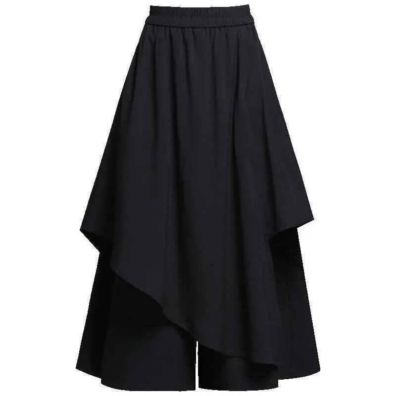Elastic Waist Black Wide-Leg Pants Spring And Summer New Retro Casual Pants Women Loose Slim Cropped Pants Skirt