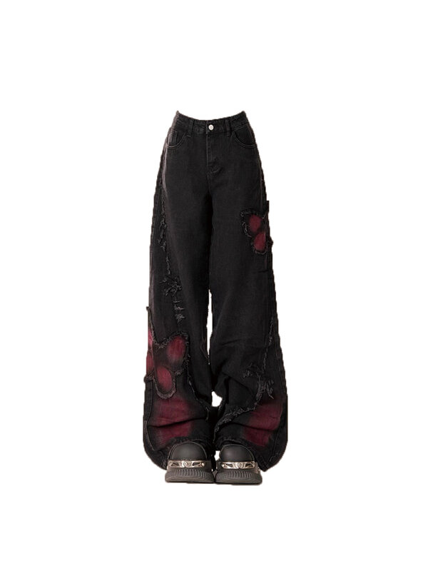 Jeans folheado gótico preto feminino, calça jeans borboleta, calça coreana vintage, roupa estética Harajuku Y2k, lixo dos anos 2000