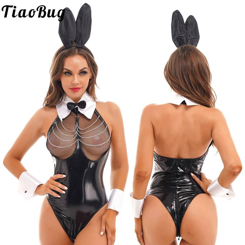 Женский сексуальный костюм кролика для косплея, лакированная кожа, с лямкой через шею, прозрачная сетка на груди, с кроличьими ушками, боди на молнии и промежности, комплект