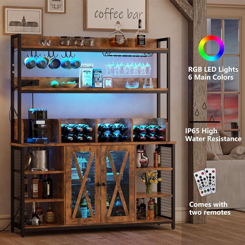 Armário de Café IRONCK com Tomada, Armário Buffet Industrial com Tira LED e Suporte de Vidro, 3 Tiers Liquor