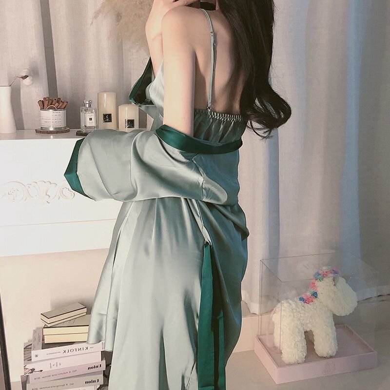 Spring Autumn Night Gown Women Pajamas Ice Silk Solid Color Summer Camisole Robe Two-piece Home Set Sexy  Night Women Sleepwear