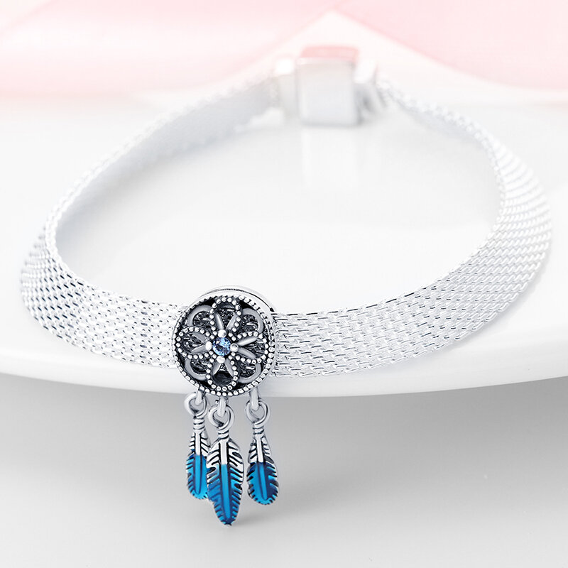 Breloques à pampilles attrape-rêves en argent regardé 100% véritable, perles adaptées au bracelet Pandora original, bracelet à la mode, bijoux à bricoler soi-même, plume, 925