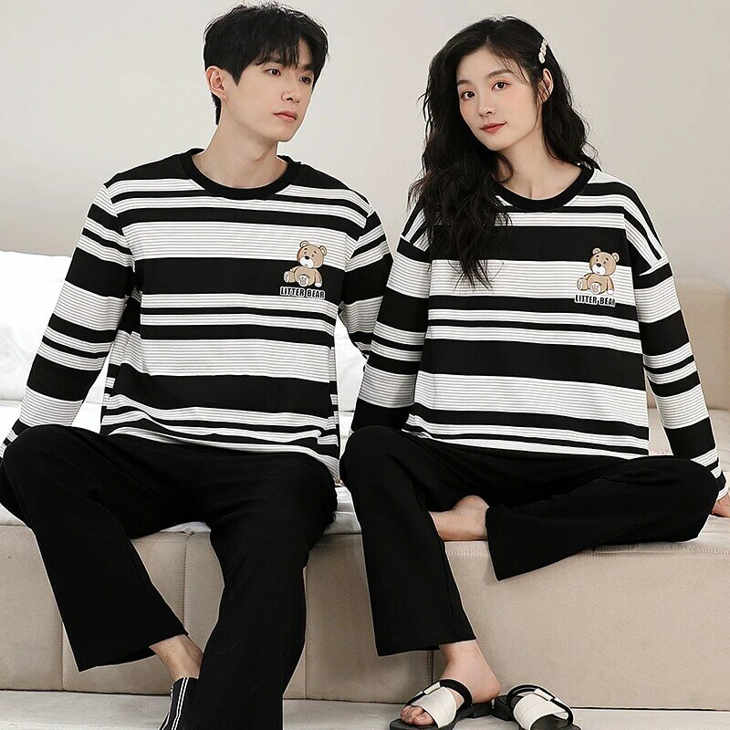 Couple Pajamas Set Spring and Autumn Casual Sleepwear Long Sleeve 100% Cotton Striped Pijama Cute Cartoon Loungewear