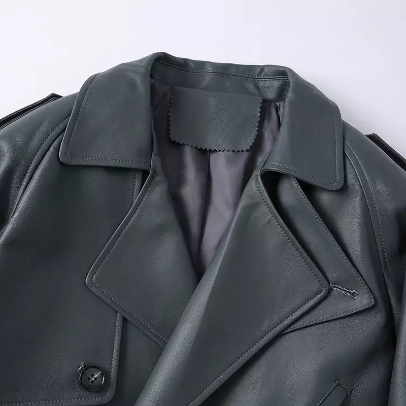 Jaket kulit asli wanita, jaket kulit asli wanita, sepeda motor, kerah Turn Down, mantel kulit dengan sabuk