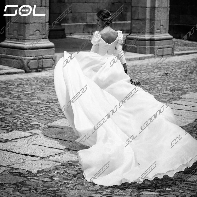 SOL-Elegantes vestidos de noiva sereia com trem destacável, mangas longas, colarinho quadrado, vestidos de noiva sem encosto