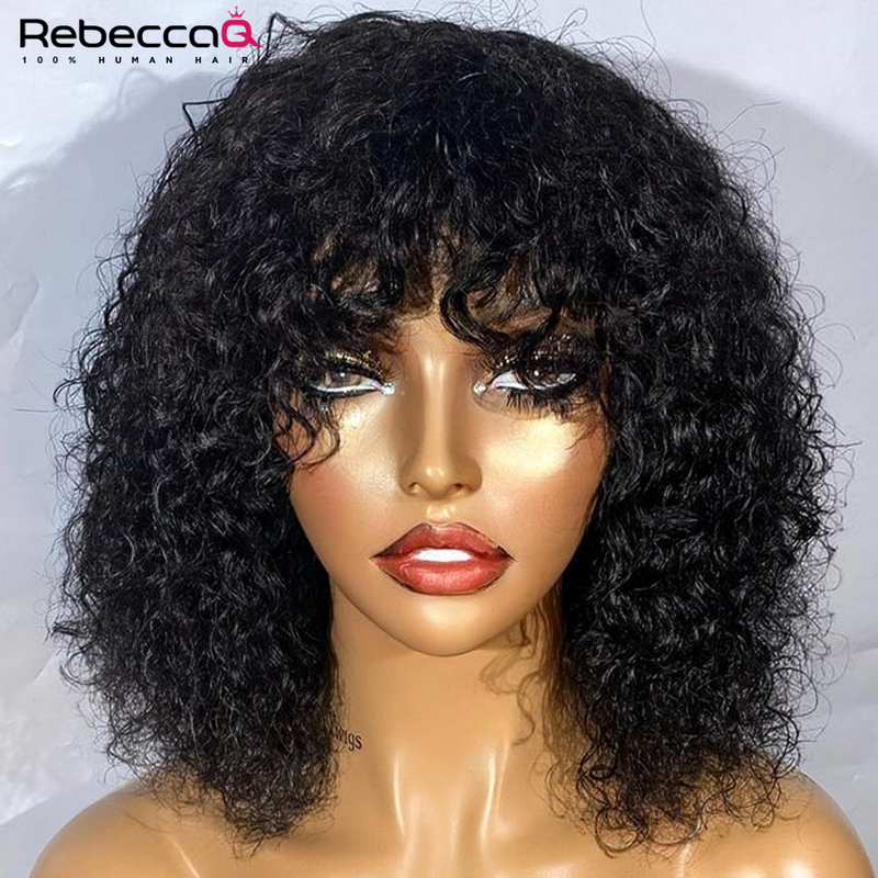 Short Curly Bob Human Hair Wig With Bangs Pixie Bob Cut Glueless Wigs Water Wave Full Machine Natural Black Cheap Wigs For Women
