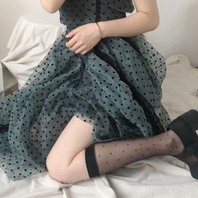 Mulheres sexy polka dot imprimir meias joelho meias altas macio náilon elástico fishnet meninas lolita bonito moda longo perna meias preto