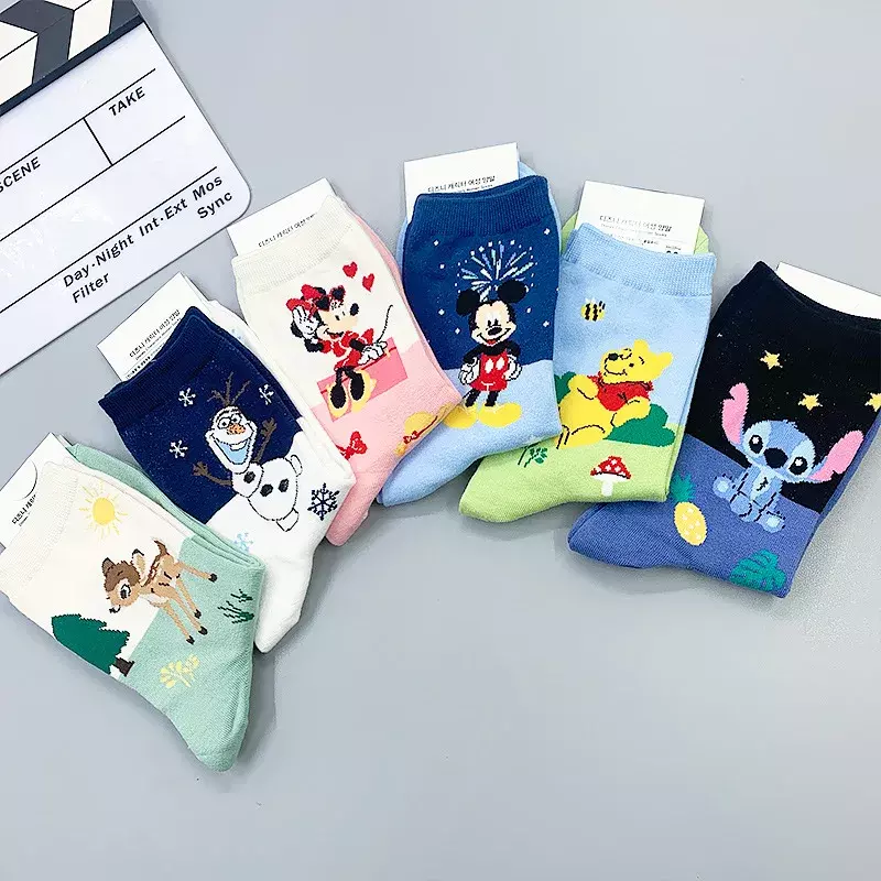 Desenhos animados impressão meias de algodão para mulheres, Mickey, Minnie, Stitch, Mickey, Donald, Fofo, Harajuku, Casual, Tamanho