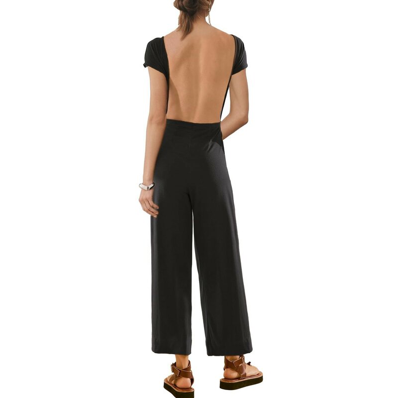 Womens Backless Jumpsuits Loose Straight Wide Leg Jumpsuits Daily Casual Sexy One-Piece Collar Short Sleeve Solid Rompers
