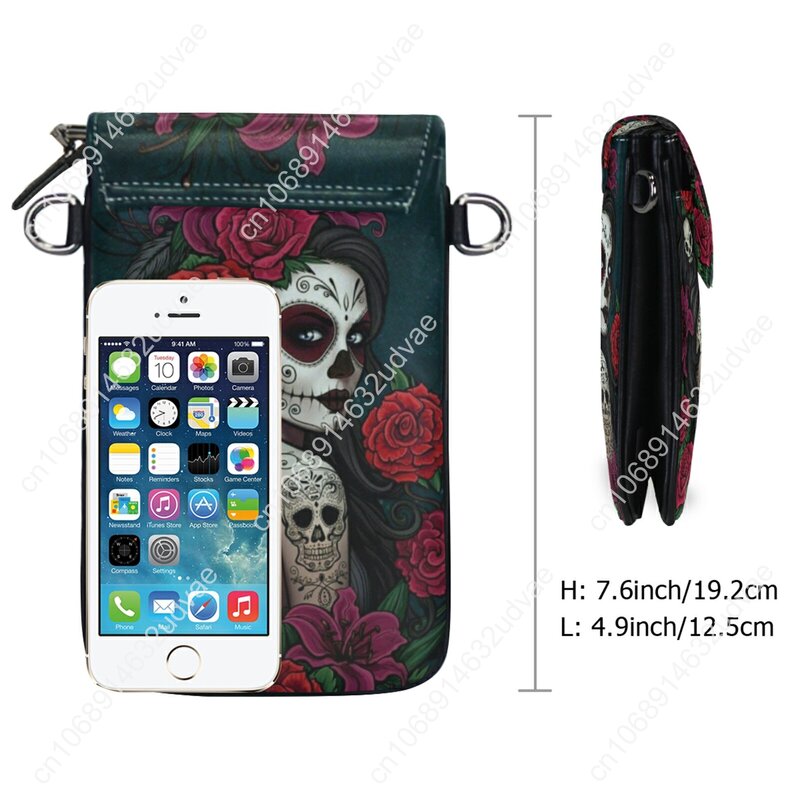 Mini sac de téléphone portable en PU pour femme, porte-monnaie gothique, sacs à bandoulière initiés, conception de crâne de sucre floral, nouveau