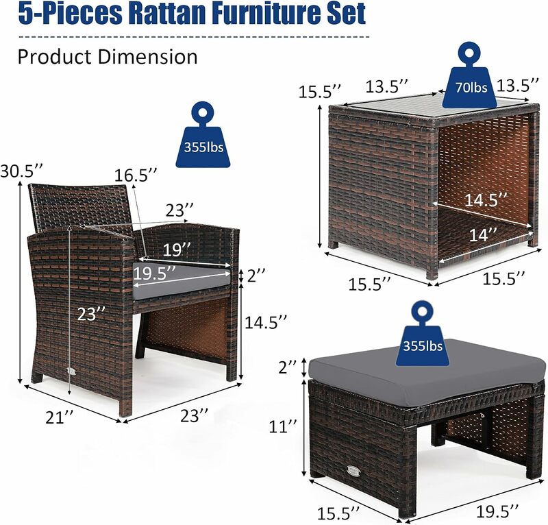 Outdoor Pátio Rattan Móveis Set, Cadeira Almofada e Otomano, Vidro Temperado Mesa de Café, 5 pcs