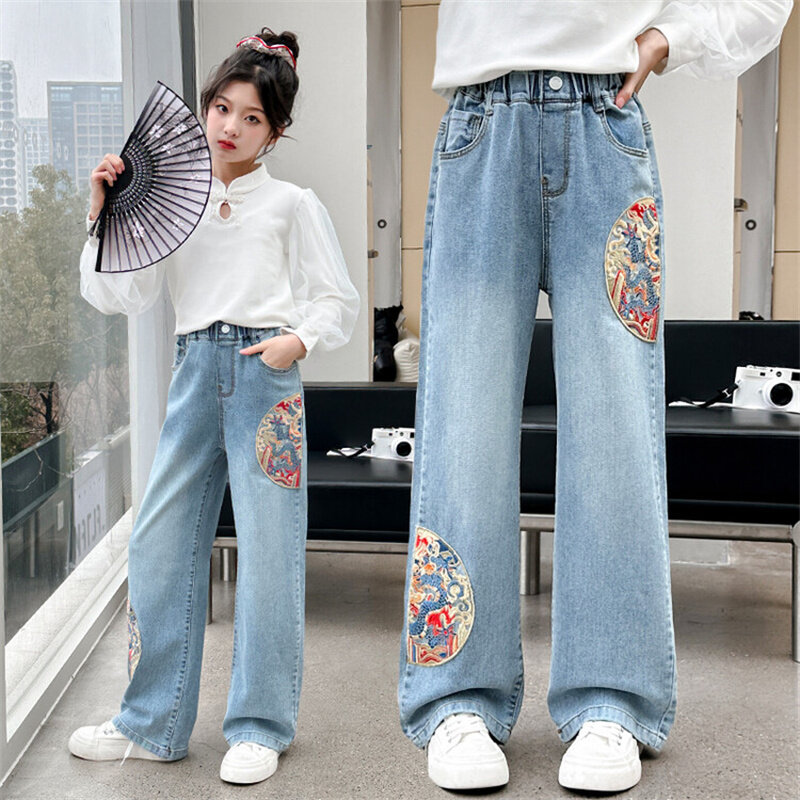 Jeans anak perempuan Musim Semi dan Gugur 6-12 tahun gaya Luar Negeri usia 15 tahun pakaian anak-anak 2024 celana kaki lebar gaya Tiongkok baru ti