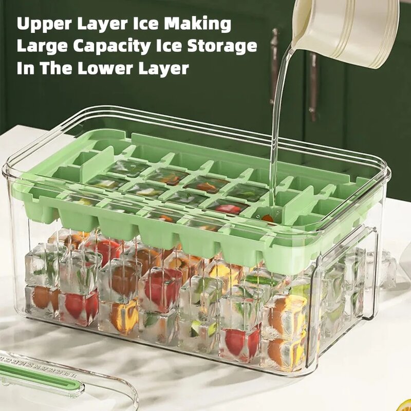 Baki es batu tipe tekan dengan kotak penyimpanan, cetakan es batu pembuat es batu untuk bir cepat pembekuan peralatan dapur