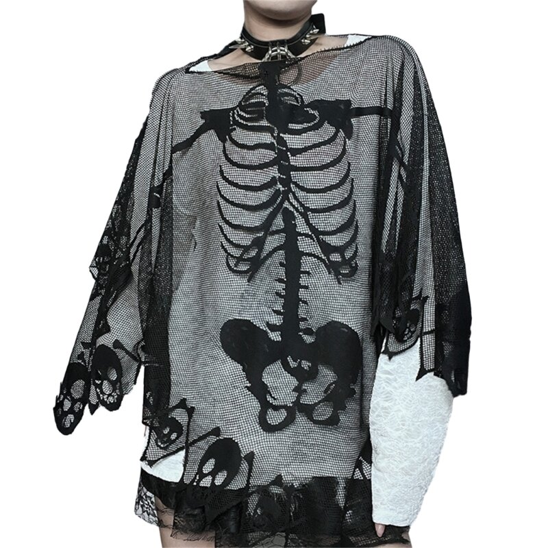 Selendang Tengkorak Gotik untuk Dewasa Hari Kematian Jubah Kostum Cosplay Jubah Liburan Meriah Pakaian Foto Syal Punk