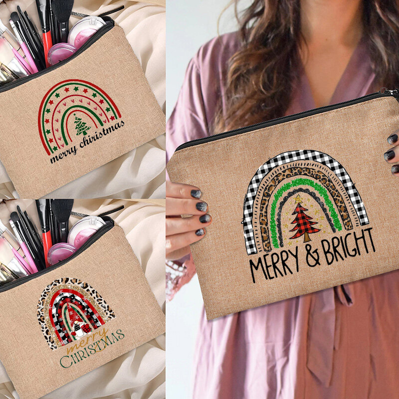 Rainbow print Organizer Zipper Canvas Handbags Christmas Series Makeup Pouch borsa per cosmetici da donna articoli da toeletta da viaggio regalo di stoccaggio