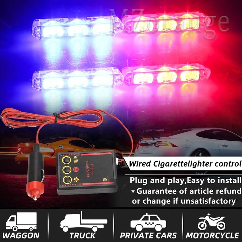 Luzes de polícia para carro, LED Flasher, Fso Cigarette, Grill Advertência Lamp, Motocicletas Strobe, Lanterna, 12V, 4x3