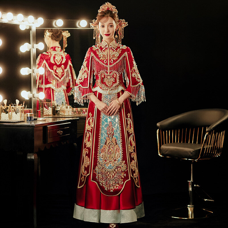 Retro Chinese Style Satin Sequins Beading Wedding Dress Traditional Cheongsam Bride Vintage Formal Qipao костюм для восточных