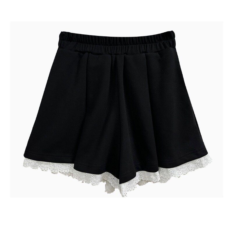 Pantalones cortos holgados de encaje para mujer, Shorts de cintura alta coreanos, informales, de pierna ancha, con contraste de Color, 2024