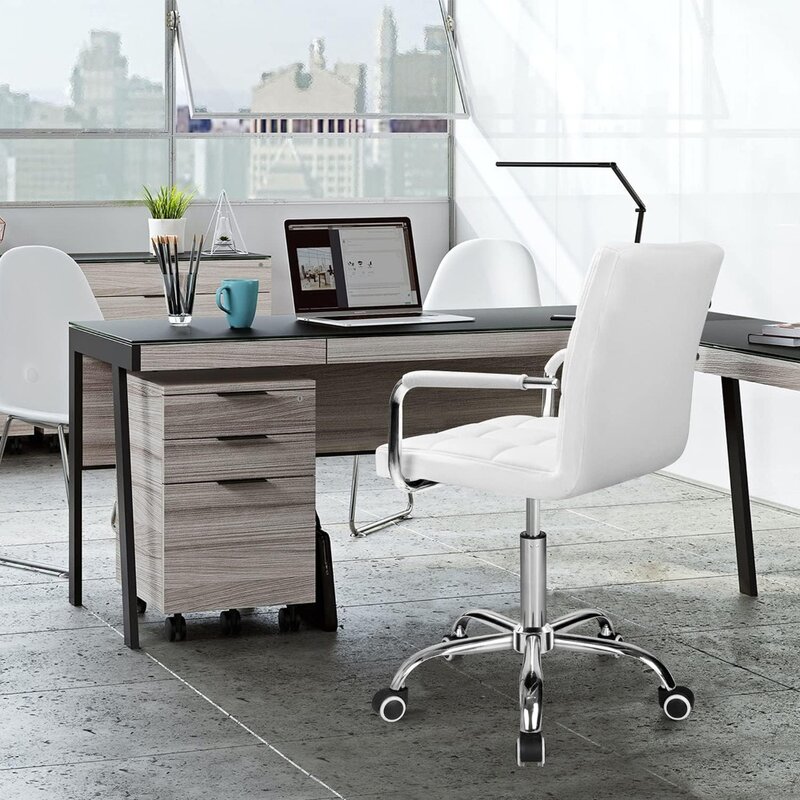 Silla de trabajo de cuero PU acanalada con respaldo medio para oficina, asiento ejecutivo moderno, ajustable, escritorio para el hogar, Retro, cómoda, 360 grados