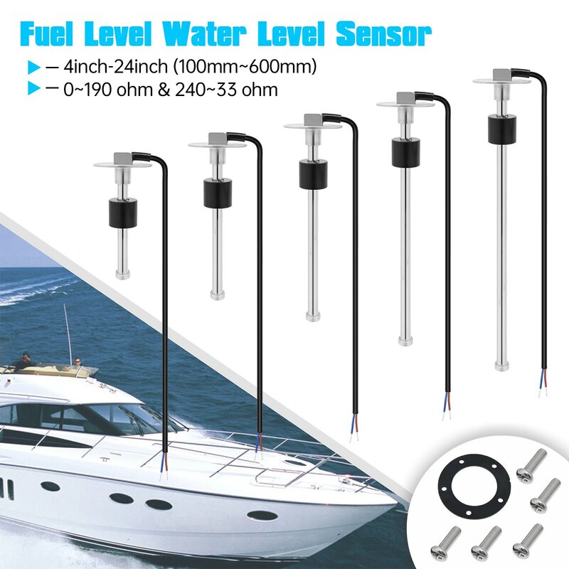 Sensor de nivel de Agua Marina de acero inoxidable, 100-500mm, apto para barco, coche, medidor de nivel de agua 0-190Ohm con luz trasera roja 9-32V
