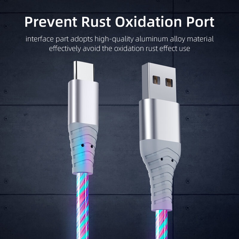 MVQF 5A Fast Charging Cable Glowing LED Cable Micro USB TypeC Data Cable Flowing Streamer Light LED USB C Cord for Huawei Xiaomi