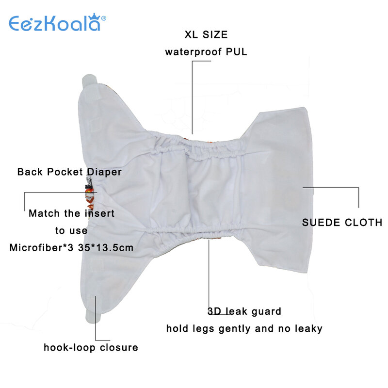 EezKoala Eco-Friendly  Big Size XL Cloth Diaper Washable  Adjustable Nappies Reusable  Cloth Diapers Cover Fit 2-5 Years Baby