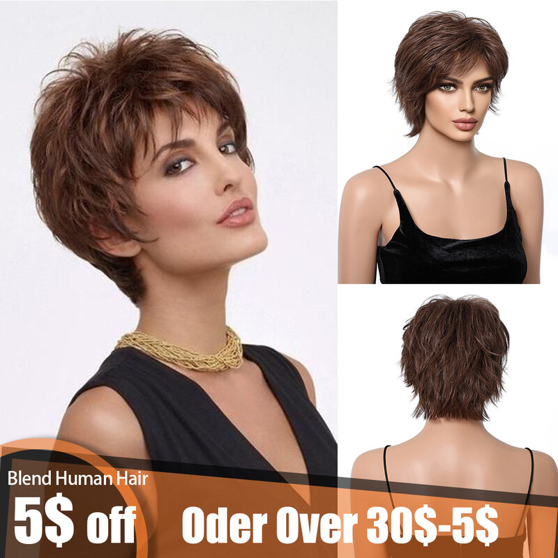 Human Hair Blend Wig Short Pixie Cut Brown Natural Wavy 30% Blend Human Hair Layered Style Wigs for Black Women Afro Daily Use