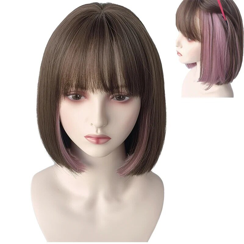 SOLMINE Light Brown Bob Wigs Star Style Short Straight Synthetic with Bangs  Earring Pink Wig for Girl/Lady Summer Daily Party