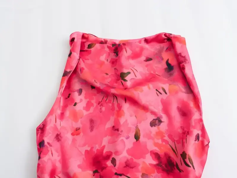 Vrouwen Nieuwe Chique Mode Bloemenprint Decoratie Slanke Split Zijde Textuur Midi Jurk Vintage Mouwloze Vrouwelijke Jurken Robe Mujer