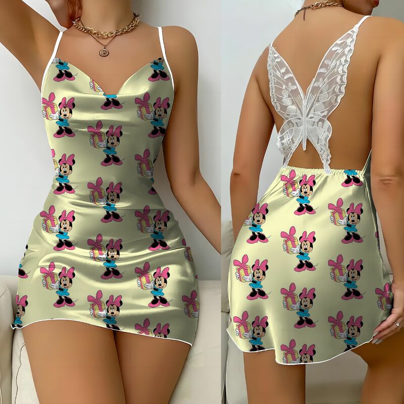 Gaun punggung terbuka Disney Minnie Mouse gaun pesta Mickey rok piyama permukaan Satin simpul kupu-kupu mode Musim Panas 2024 seksi Mini