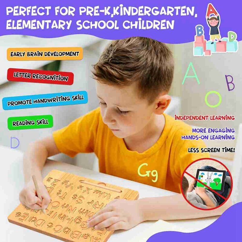 Cartas de madeira Praticando Board, Double-Sided Alphabet Tracing Tool, Aprender a Escrever, Jogo Educativo, Habilidade Motora Fina, Durável