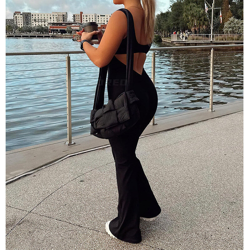 Women Sleeveless Tank Jumpsuits Solid Color O-Neck Back Cutout Wide Leg Pants Playsuits Clubwear Summer Rompers 2024