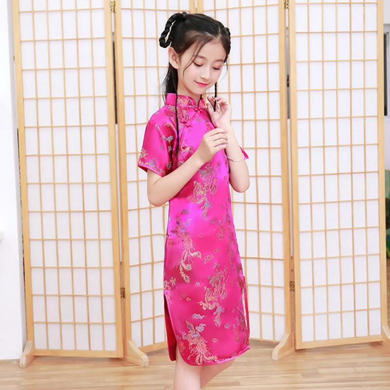 Kinder Meisjes Cheongsams Hanfu Strakke Phoenix Print Jurk Zomer Peuter Jurken Chinese Traditionele Kostuums Prinses Satijnen Jurk