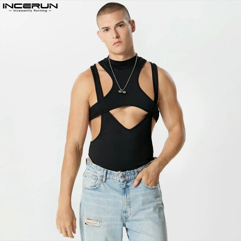 2024 Mannen Onregelmatige Bodysuits Effen Uitgeholde Coltrui Mouwloze Rompertjes Heren Streetwear Sexy Mode Bodysuit S-3XL Incerun