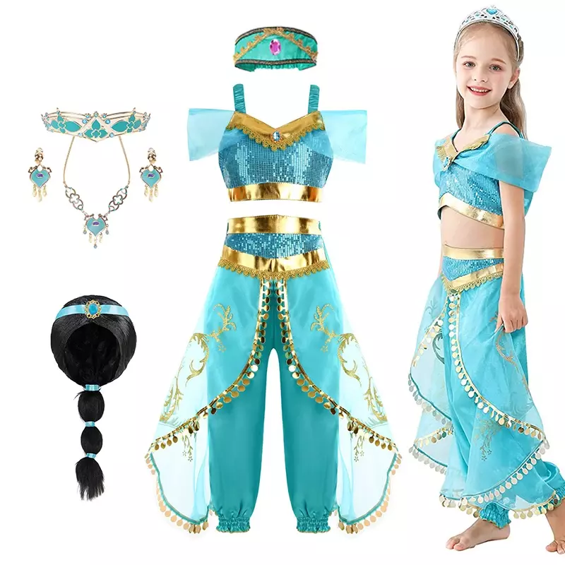 Princesa jasmim vestido para meninas, traje aladdin, acessórios, peruca, desgaste do partido do halloween