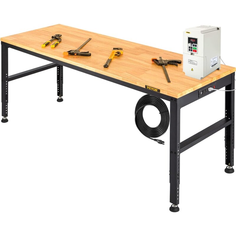 60" Adjustable Workbench, Heavay Duty Workstation 2000 LBS Load Capacity, with Power Outlets & Rubber Wood Top & Metal Frame