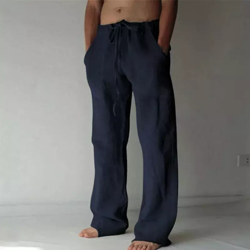 Pantalones de lino y algodón para hombre, pantalón informal, suelto, transpirable, Color sólido, longitud completa, con cordón, para Yoga, Primavera