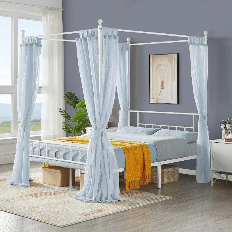 Marcos de cama con dosel, marco de cama con plataforma, cuatro pósteres, base de colchón con cabecero y reposapiés, resistente