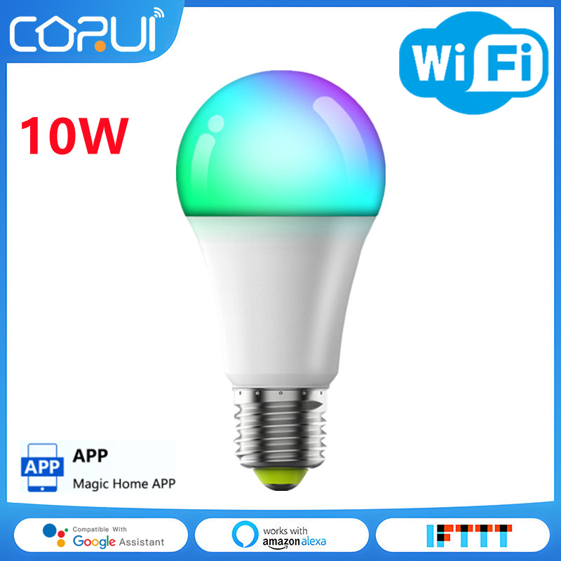 CoRui inda-Ampoule intelligente WiFi, télécommande Bluetooth, 10wRGB, ampoule colorée à intensité variable, minuterie Magic Home Pro, Alexa, Google Home Alice