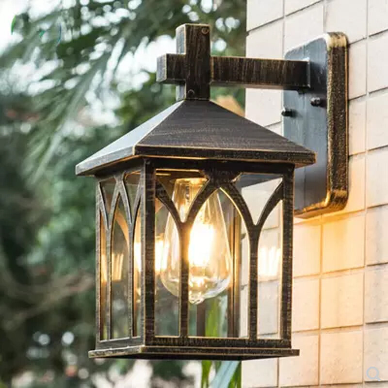 European Simple Wall Lamp Transparent Glass Waterproof Outdoor Garden Doorway Aluminum Alloy E27 Retro Lighting Sconce Fixture