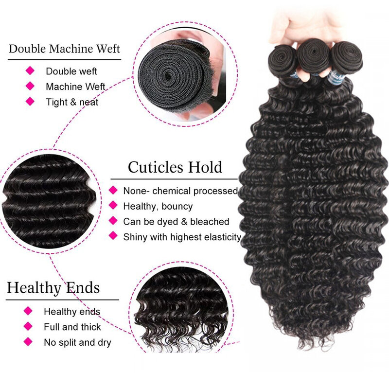 Extensões brasileiras do Weave do cabelo humano do Virgin, onda profunda Bundles Deal, 100% não processado, molhado e ondulado, natural, 12A